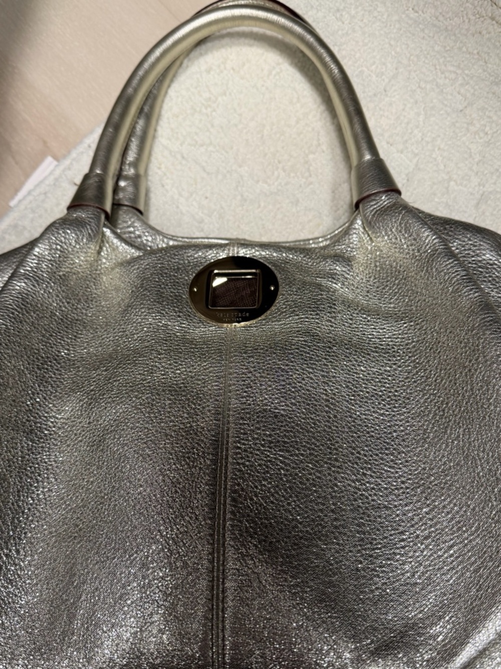 KATE SPADE Metallic Silver Pebbled Leather Shoulder Bag by  w Dust Bag worn 1x